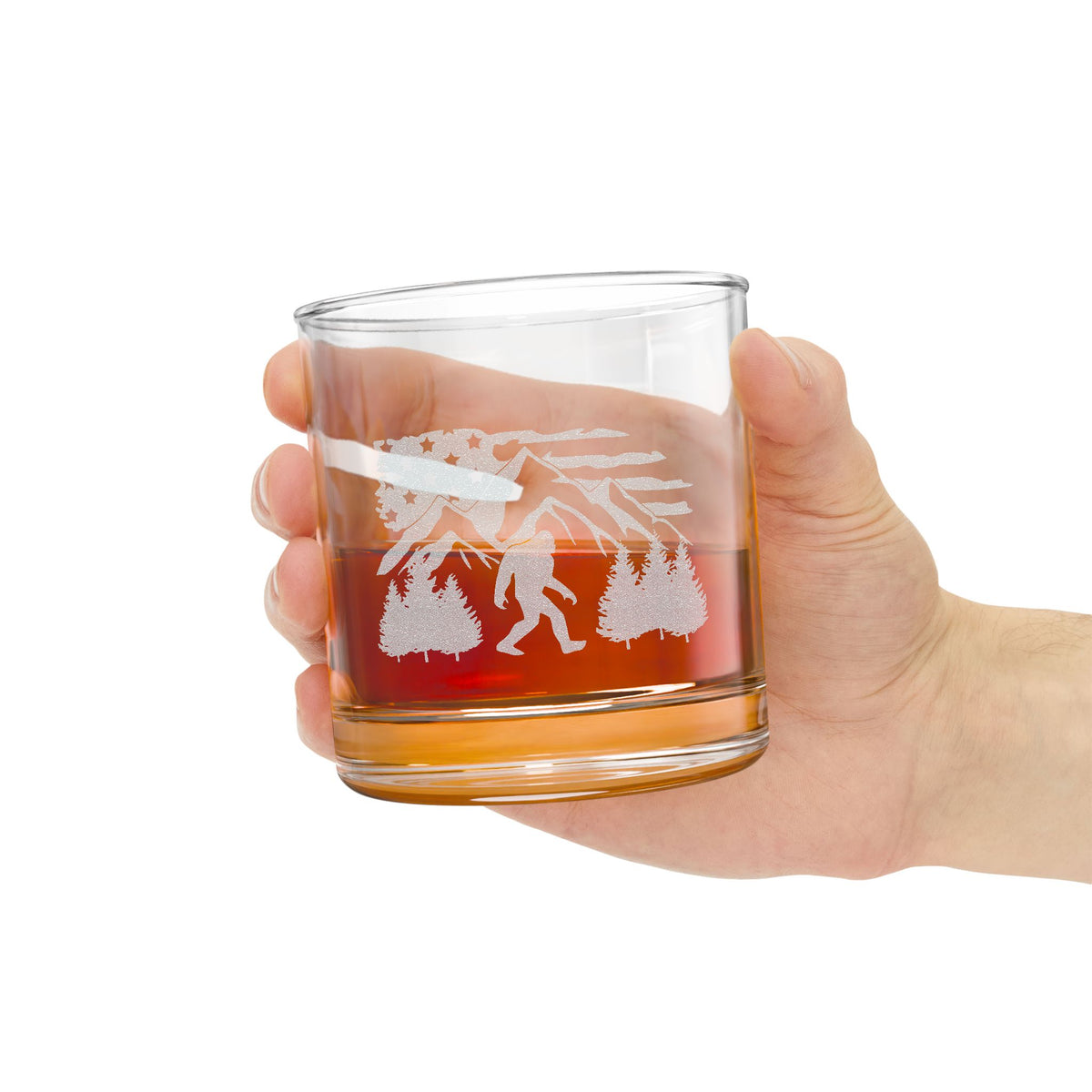 Bigfoot Mountain Flag Whiskey Glass | Engraved 10.5oz Rocks Glass